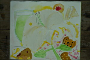 京都の絵画教室東儀画塾で描かれた子供の水彩画
大きな1輪の百合の背景にサンドイッチやクッキーが描かれている