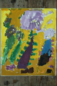 京都の絵画教室東儀画塾で描かれた子供の水彩画
百合の花花の色が紫背景は黄色
