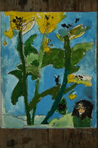 京都の絵画教室東儀画塾で描かれた子供の水彩画
きいろい百合の花右下に人物がこっち向いている