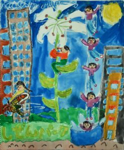 京都の絵画教室東儀画塾で描かれた子供の水彩画
大きな百合の花に登ってあそんでいる子供達と虫に乗っている子供