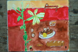 京都の絵画教室東儀画塾で描かれた子供の水彩画
百合の花とパン
