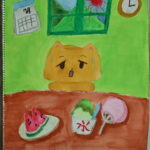 京都の絵画教室東儀画塾子供アトリエで暑いを題材に描かれた絵犬がスイカとかき氷