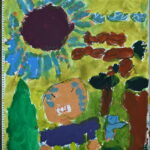 京都の絵画教室東儀画塾子供アトリエで暑いを題材に描かれた絵男の子が汗と涙をながいしている