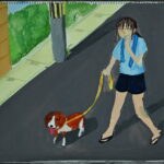 京都の絵画教室東儀画塾子供アトリエで暑いを題材に描かれた絵犬の散歩の絵舌をだしている
