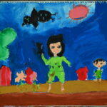 京都の絵画教室東儀画塾子供アトリエで暑いを題材に描かれた絵真ん中に女子カラスが汗をかいて飛んでいる