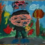 京都の絵画教室東儀画塾子供アトリエで暑いを題材に描かれた絵暑すぎて顔がぶれている