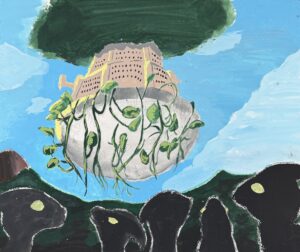 京都の絵画教室OWL美術研究所東儀画塾の子供アトリエで描かれた絵画作品空飛ぶ要塞を恐竜達が見上げている