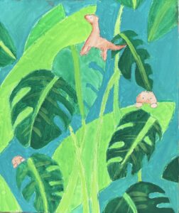 京都の絵画教室OWL美術研究所東儀画塾の子供アトリエで描かれた絵画作品葉っぱから恐竜がのぞき込んでいる