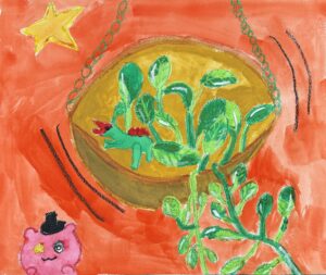 京都の絵画教室OWL美術研究所東儀画塾の子供アトリエで描かれた絵画作品プランターから葉っぱがぶらさがっている絵