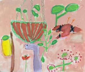 京都の絵画教室OWL美術研究所東儀画塾の子供アトリエで描かれた絵画作品　吊り下げられたプランターとプテラドンとブラキオサウルス