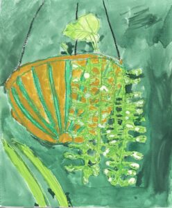 京都の絵画教室OWL美術研究所東儀画塾の子供アトリエで描かれた絵画作品吊り下げられたプランターから葉っぱがでている下から見上げている