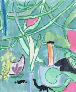 京都の絵画教室OWL美術研究所東儀画塾の子供アトリエで描かれた絵画作品　大きく描かれたモンステラなどの観葉植物と、その周囲に配置された恐竜フィギュアが複雑に重なり合う、カラフルで想像力豊かなジャングルの世界。