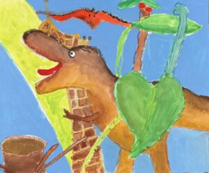 京都の絵画教室OWL美術研究所東儀画塾の子供アトリエで描かれた絵画作品 ティラノザウルスとモンステラとキリンが重なって描かれている