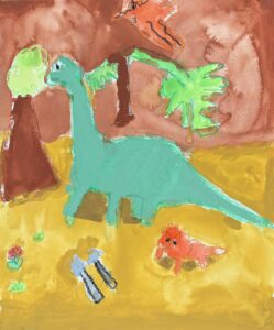 京都の絵画教室OWL美術研究所東儀画塾の子供アトリエで描かれた絵画作品。水色の島の上に大きな緑の恐竜（ブラキオサウルス）が立ち、周囲にはモンステラなどの植物が描かれた鮮やかな作品。