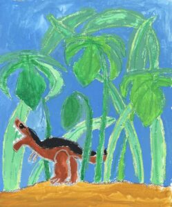 京都の絵画教室OWL美術研究所東儀画塾の子供アトリエで描かれた絵画作品 モンステラの森にティラノザウルス
