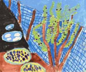 京都の絵画教室OWL美術研究所東儀画塾の子供アトリエで描かれた絵画作品。木々フェンス内側にお皿の中に木々の実