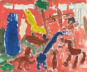 京都の絵画教室OWL美術研究所東儀画塾の子供アトリエで描かれた絵画作品。豊かなジャングルの中に、青、赤茶色、オレンジ、焦げ茶など、色も大きさも様々な恐竜たちがたくさん集まって描かれた、カラフルで非常に賑やかな作品。