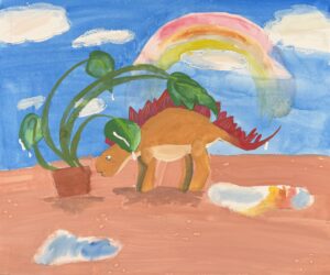京都の絵画教室OWL美術研究所東儀画塾の子供アトリエで描かれた絵画作品。温かみのあるオレンジと黄色の空に大きな虹がかかり、手前の茶色い大地には赤い鉢植え、中央にはオレンジ色のトゲトゲとした背中を持つ恐竜が可愛らしく描かれた、優しくカラフルな作品。水たまりに虹と恐竜のしっぽが映っている