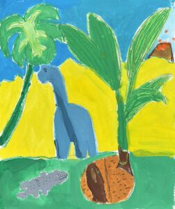 京都の絵画教室OWL美術研究所東儀画塾の子供アトリエで描かれた絵画作品。中央に青い大きな首長恐竜（ブラキオサウルス）、左側にさかな？、右側に鮮やかな黄色の背景と大きな木ヤシが描かれた、カラフルで伸びやかな作品。背景に火山