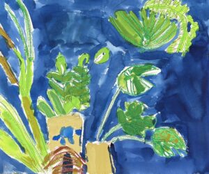 京都の絵画教室OWL美術研究所東儀画塾の子供アトリエで描かれた絵画作品。画面中央に観葉植物、その右側に黄色の背景と青い恐竜が描かれ、全体が青を基調とした鮮やかな色彩でまとめられた作品。