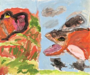 京都の絵画教室OWL美術研究所東儀画塾の子供アトリエで描かれた絵画作品。画面右側に大きく口を開けたオレンジと茶色の恐竜のような生き物、左側に赤やピンク、黒が入り混じる不思議な植物や地形が、力強くドラマチックな色彩と筆遣いで描かれた、躍動感あふれる独創的な作品。