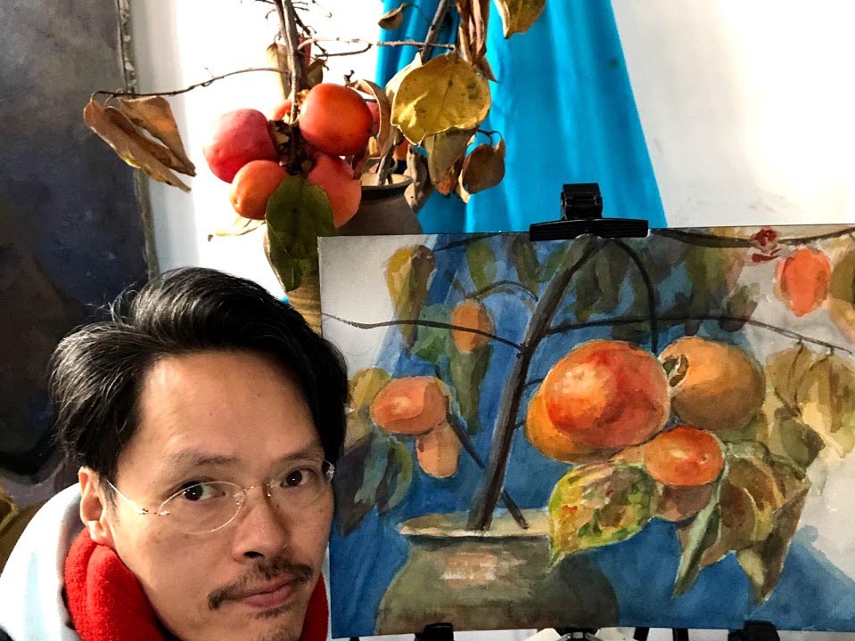 水彩画を描きました。OWL美術研究所の庭に実った柿を収穫して